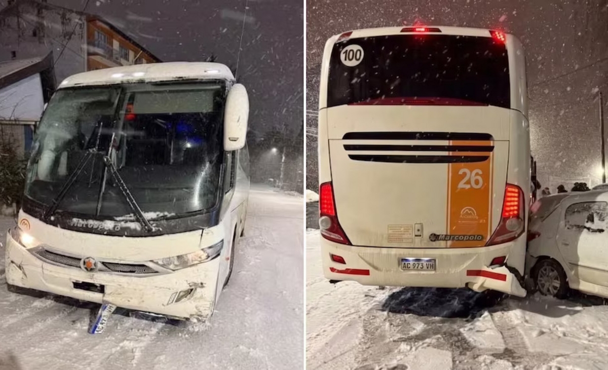 Un colectivo con 48 egresados se despistó por la nieve y chocó siete autos