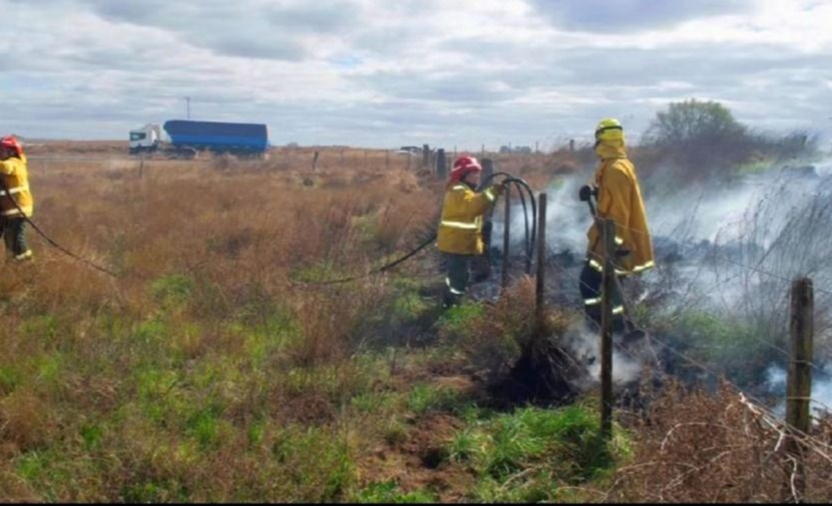 Incendio de pastizales en la ruta 1, al norte de Miguel Riglos
